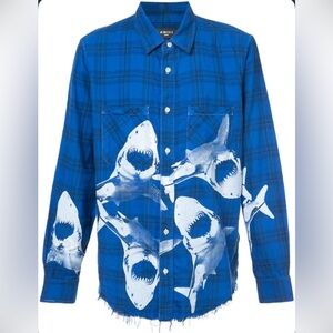 AMIRI Blue Checkered Shirt with Shark Design